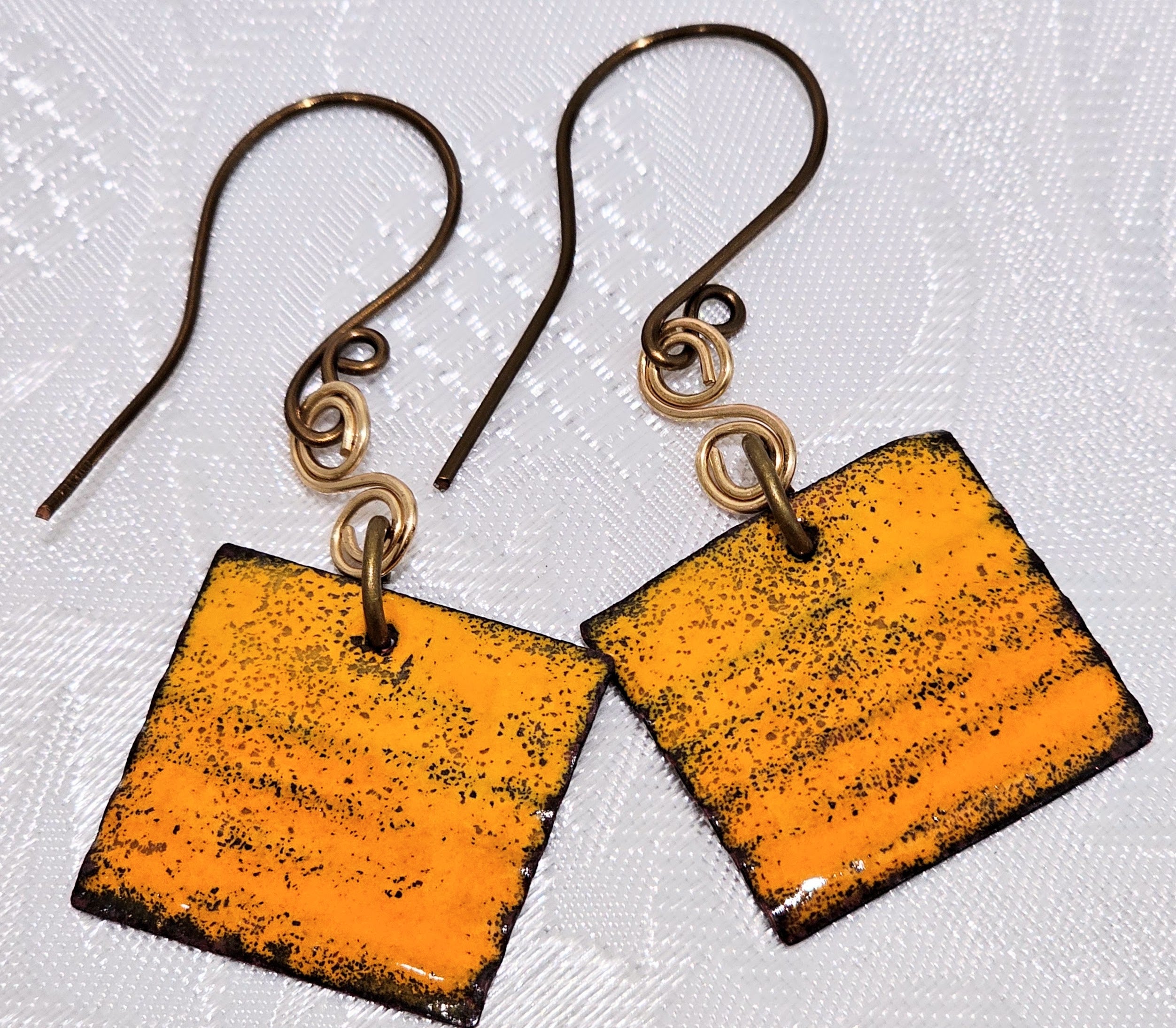 Bright Orange Enameled Corrugated Metal Earrings FREE POST