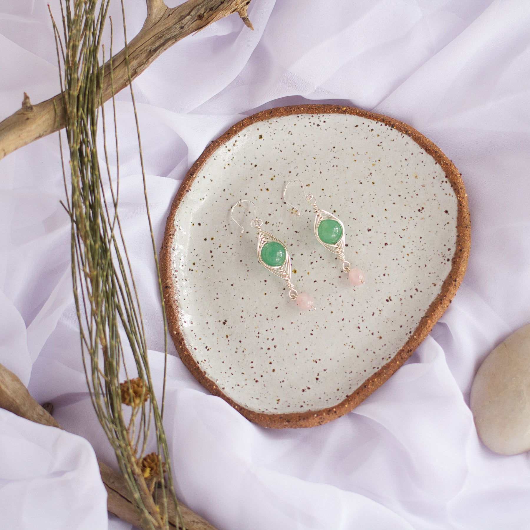 Green Aventurine and Rose Quartz Silver Earrings | Gemstone Wire Wrap Jewellery