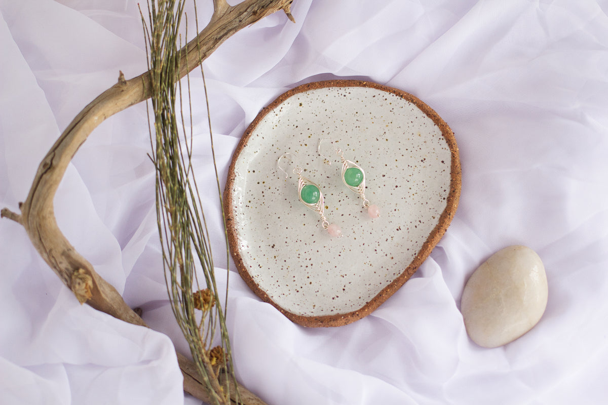 Green Aventurine and Rose Quartz Silver Earrings | Gemstone Wire Wrap Jewellery