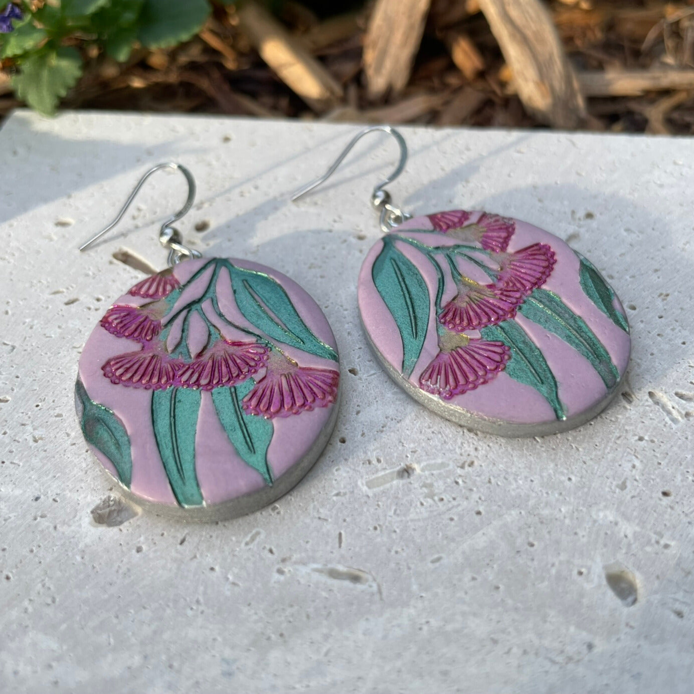 Gum leaves and flowers Australian pink and green hand painted polymer clay earrings