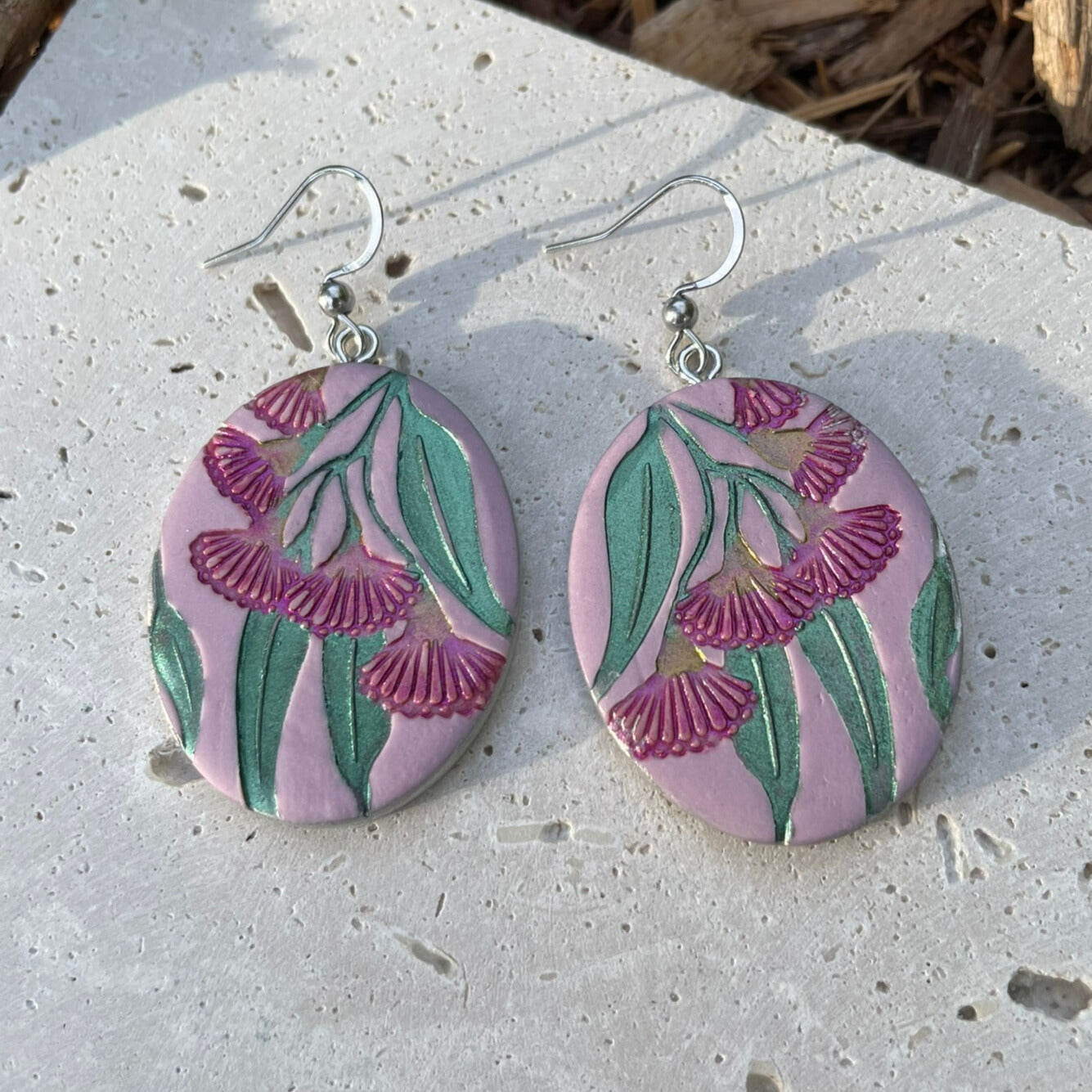 Gum leaves and flowers Australian pink and green hand painted polymer clay earrings