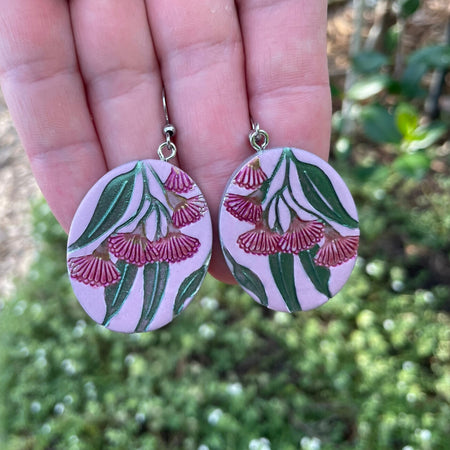 Gum leaves and flowers Australian pink and green hand painted polymer clay earrings