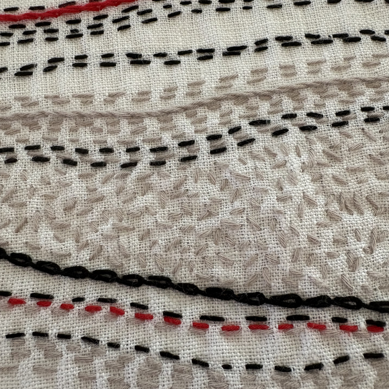 Hand stitched pure linen tea towel - red, black and taupe