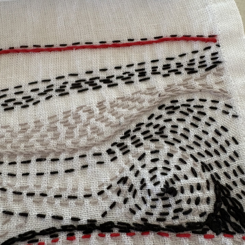 Hand stitched pure linen tea towel - red, black and taupe