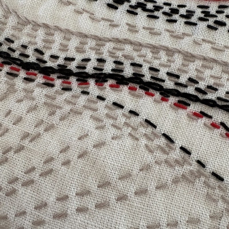 Hand stitched pure linen tea towel - red, black and taupe