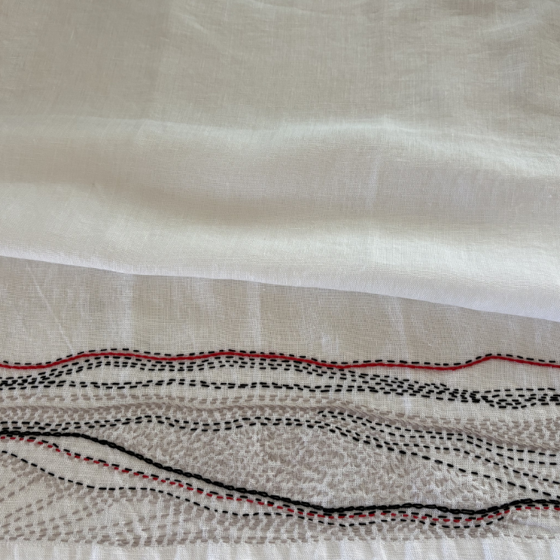 Hand stitched pure linen tea towel - red, black and taupe
