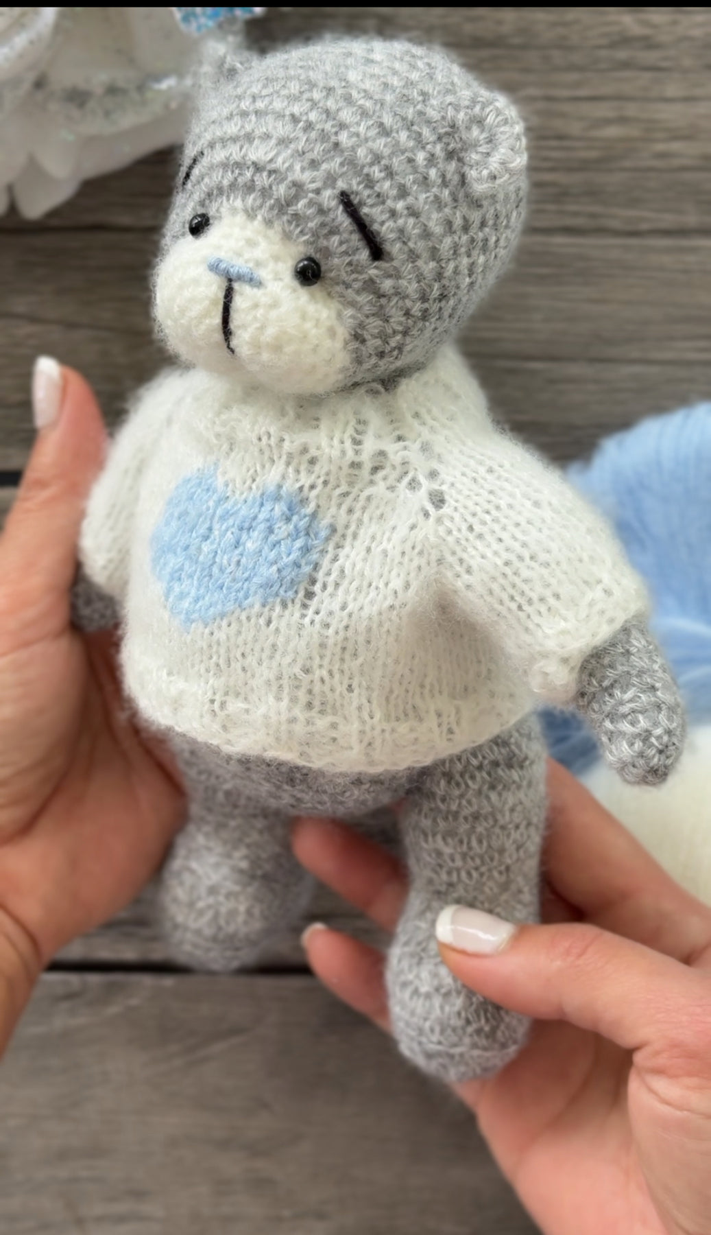 Grey Amigurumi Teddy Bear in the White Sweater with Heart Toy