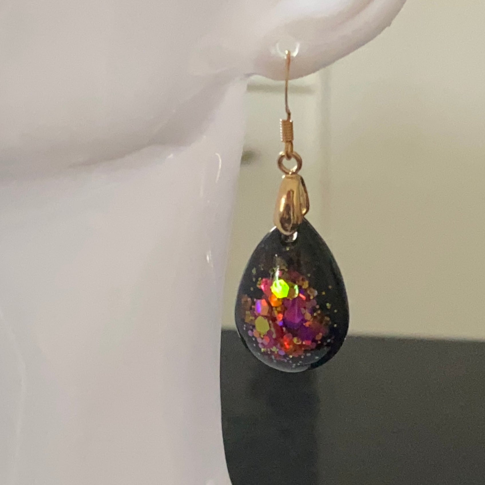 Red, Gold, On Black Teardrop