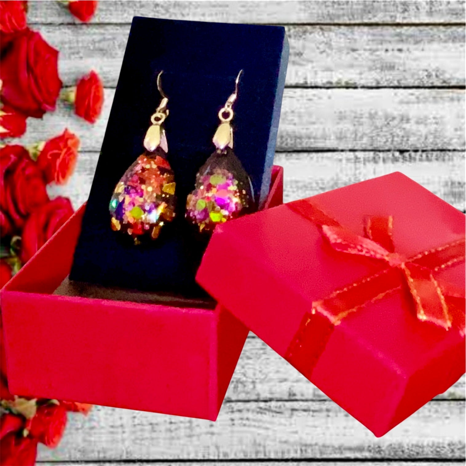 Red, Gold, On Black Teardrop