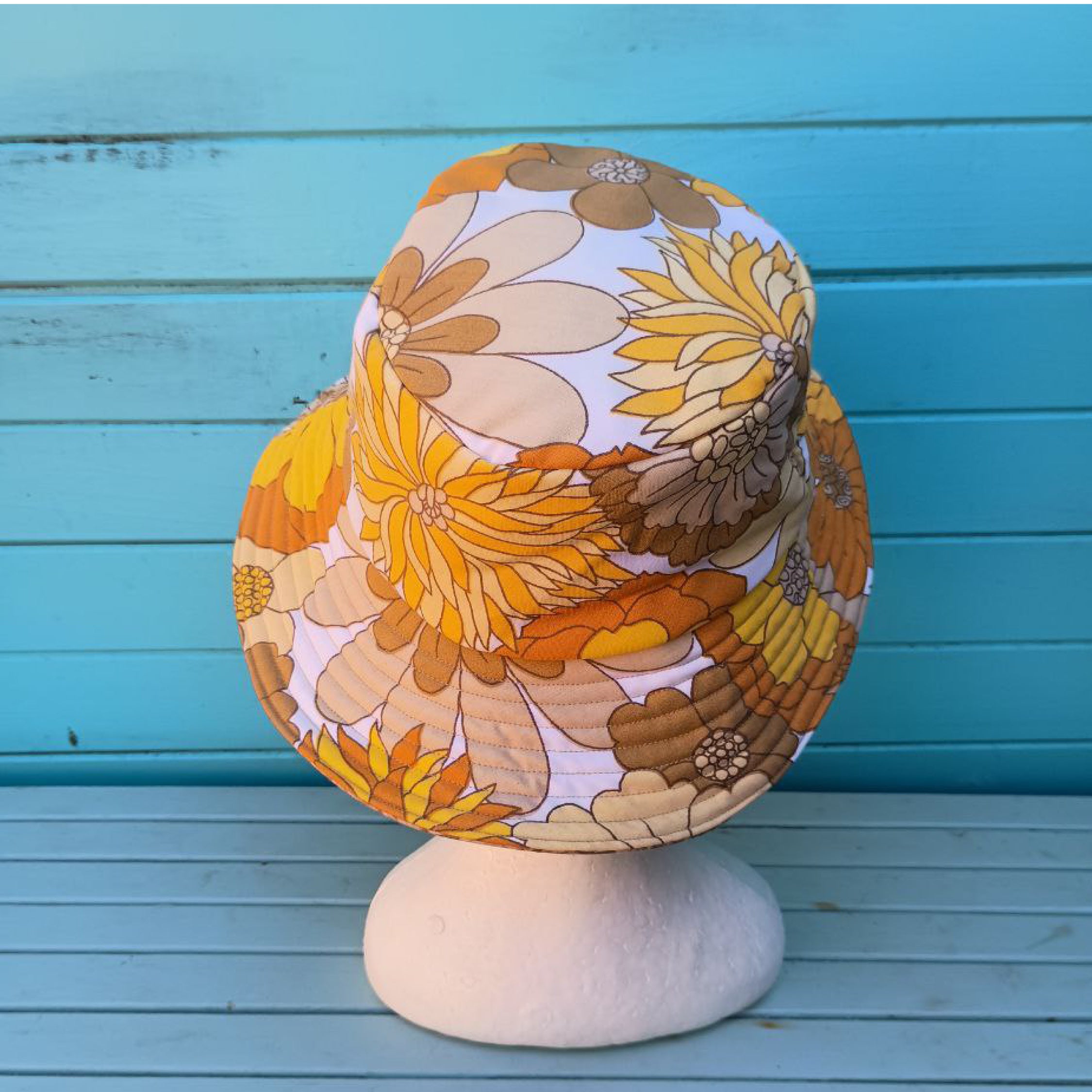 Ray of Sunshine Reversible Bucket Hat Women Upcycled Vintage Fabrics