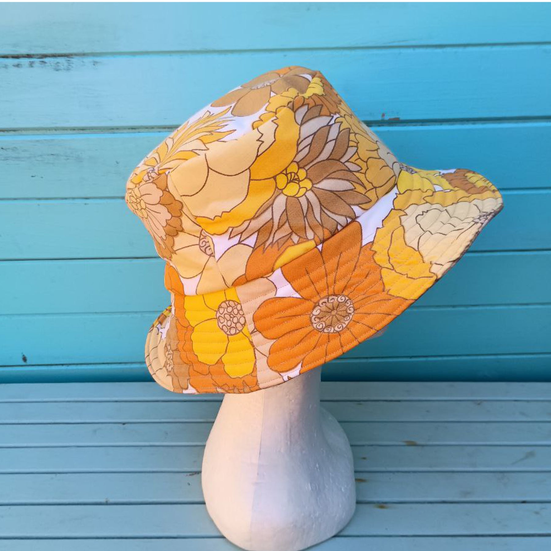Ray of Sunshine Reversible Bucket Hat Women Upcycled Vintage Fabrics