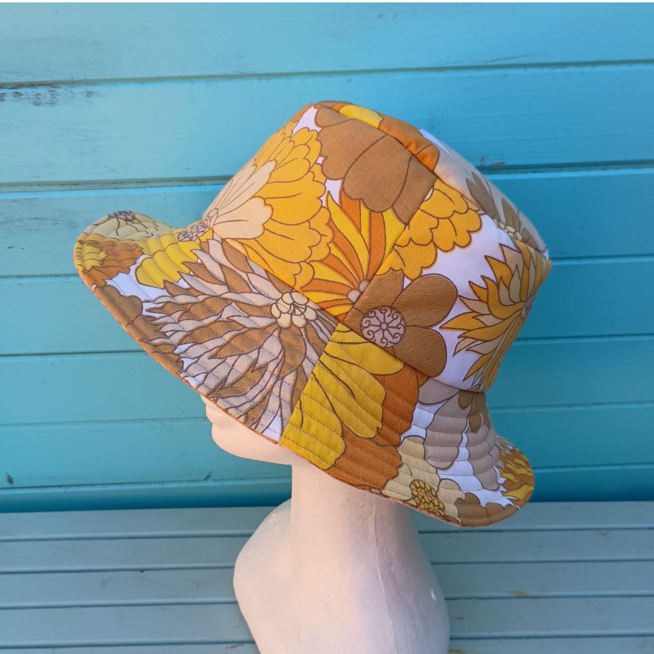 Ray of Sunshine Reversible Bucket Hat Women Upcycled Vintage Fabrics