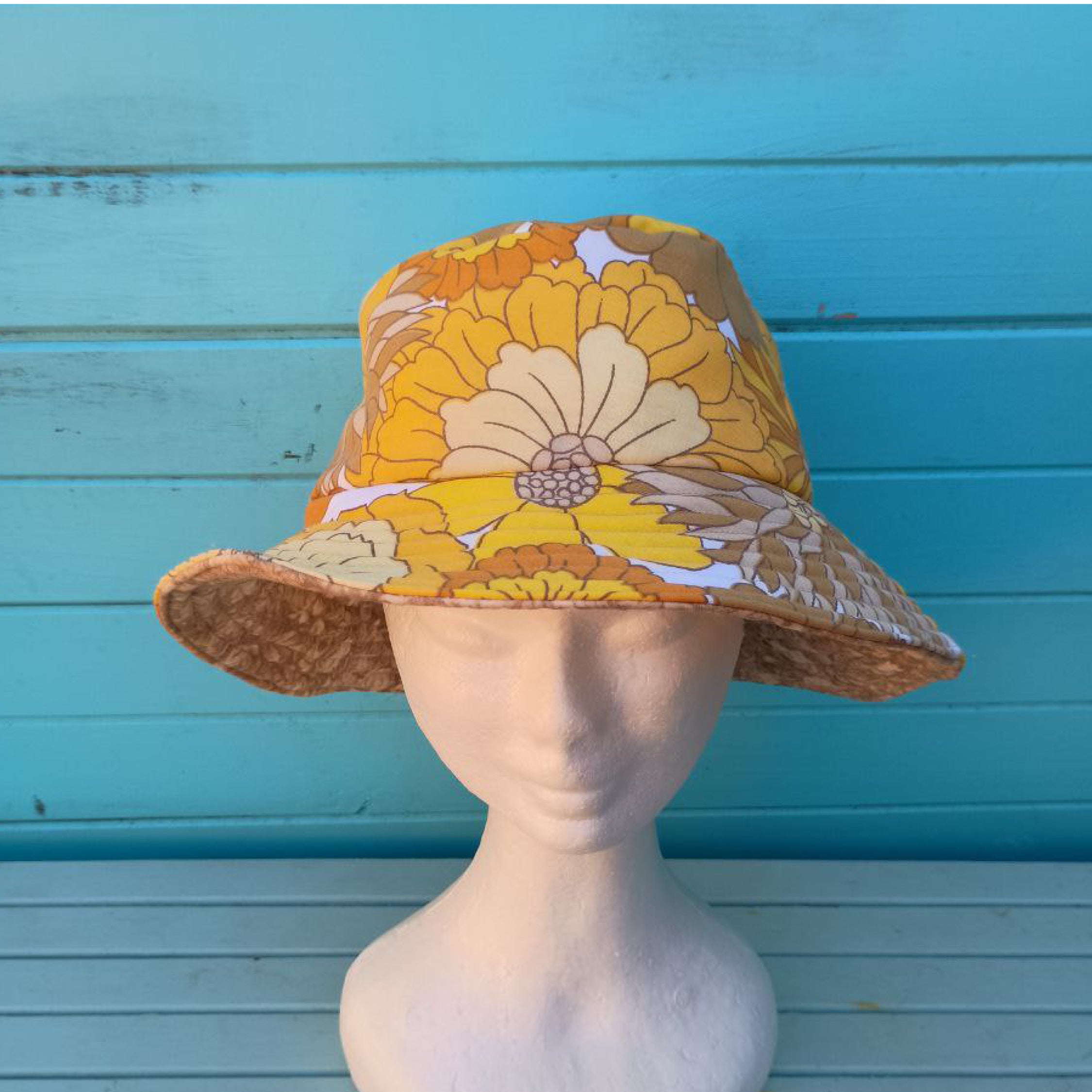 Ray of Sunshine Reversible Bucket Hat Women Upcycled Vintage Fabrics