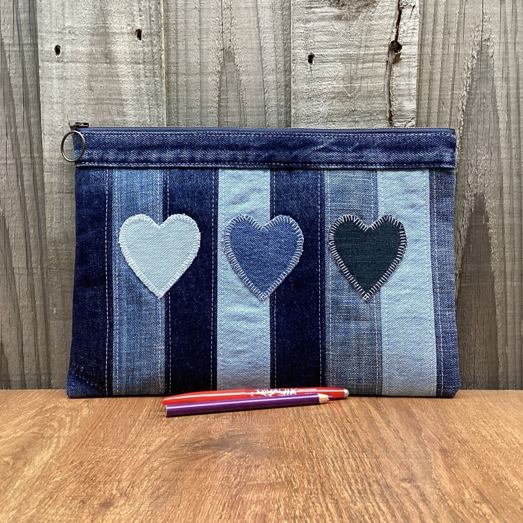 Large Upcycled Denim Pencil Case – Three Denim Hearts