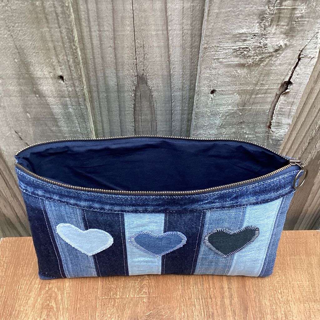 Large Upcycled Denim Pencil Case – Three Denim Hearts