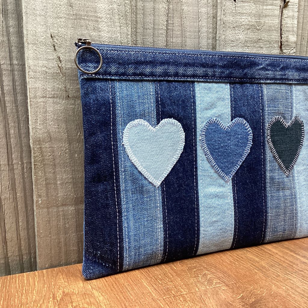 Large Upcycled Denim Pencil Case – Three Denim Hearts