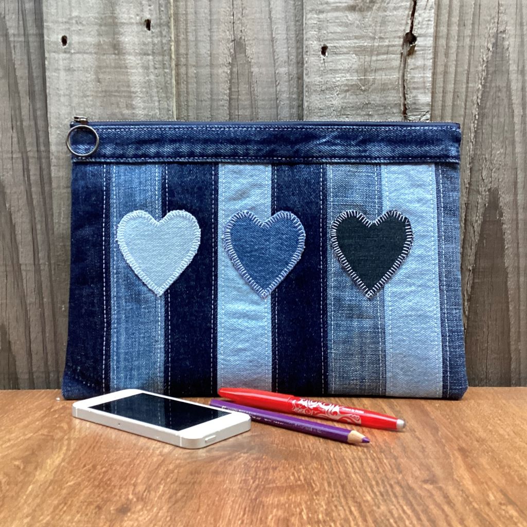 Large Upcycled Denim Pencil Case – Three Denim Hearts