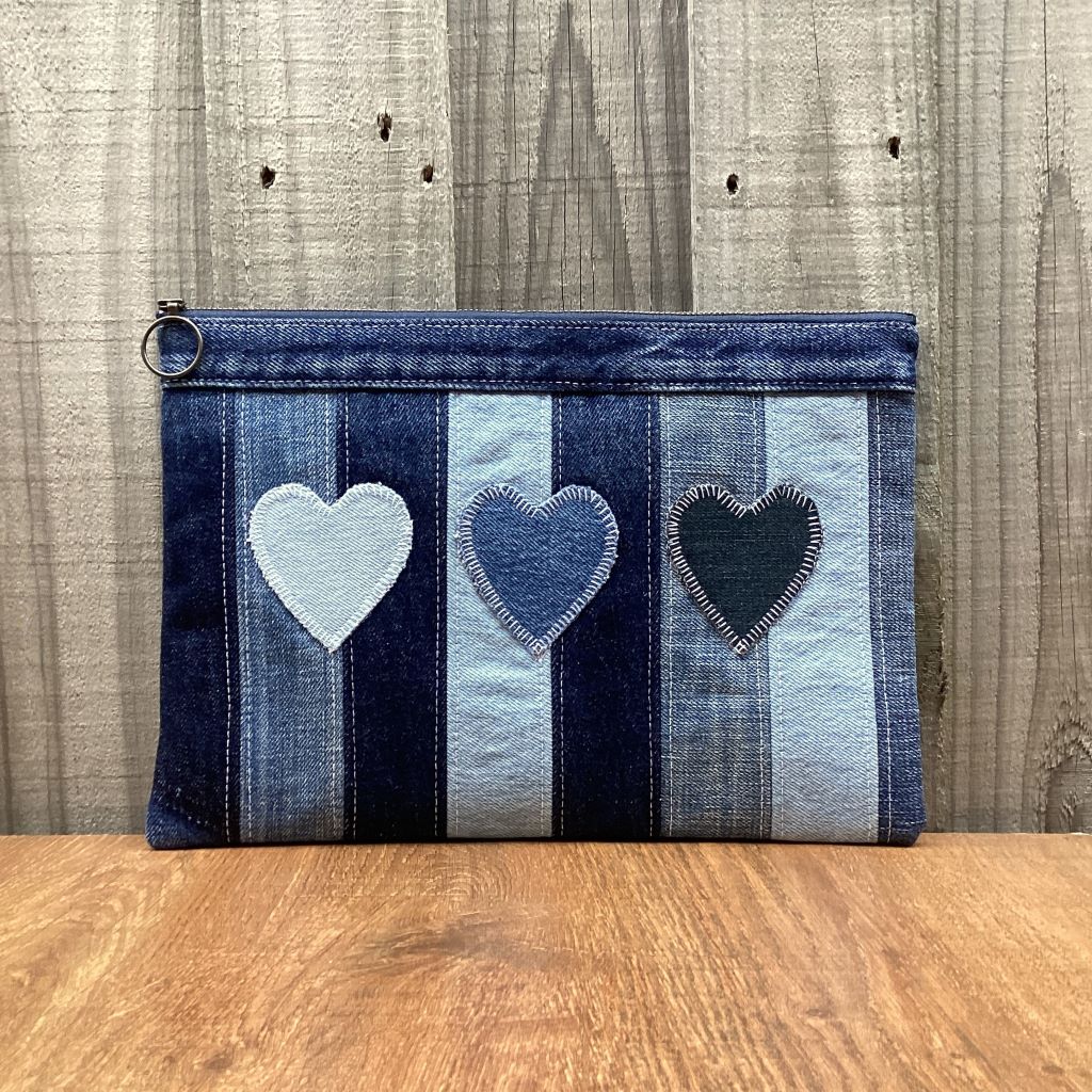 Large Upcycled Denim Pencil Case – Three Denim Hearts