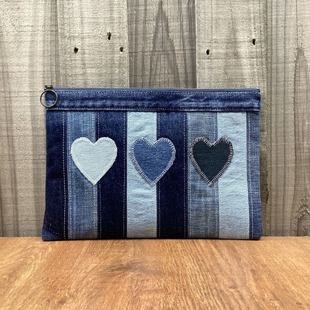 Large Upcycled Denim Pencil Case – 3 Denim Hearts