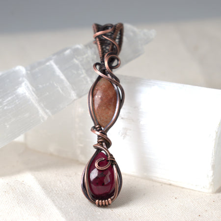 Autumn Flame Garnet and Sunstone Copper Wrapped Pendant