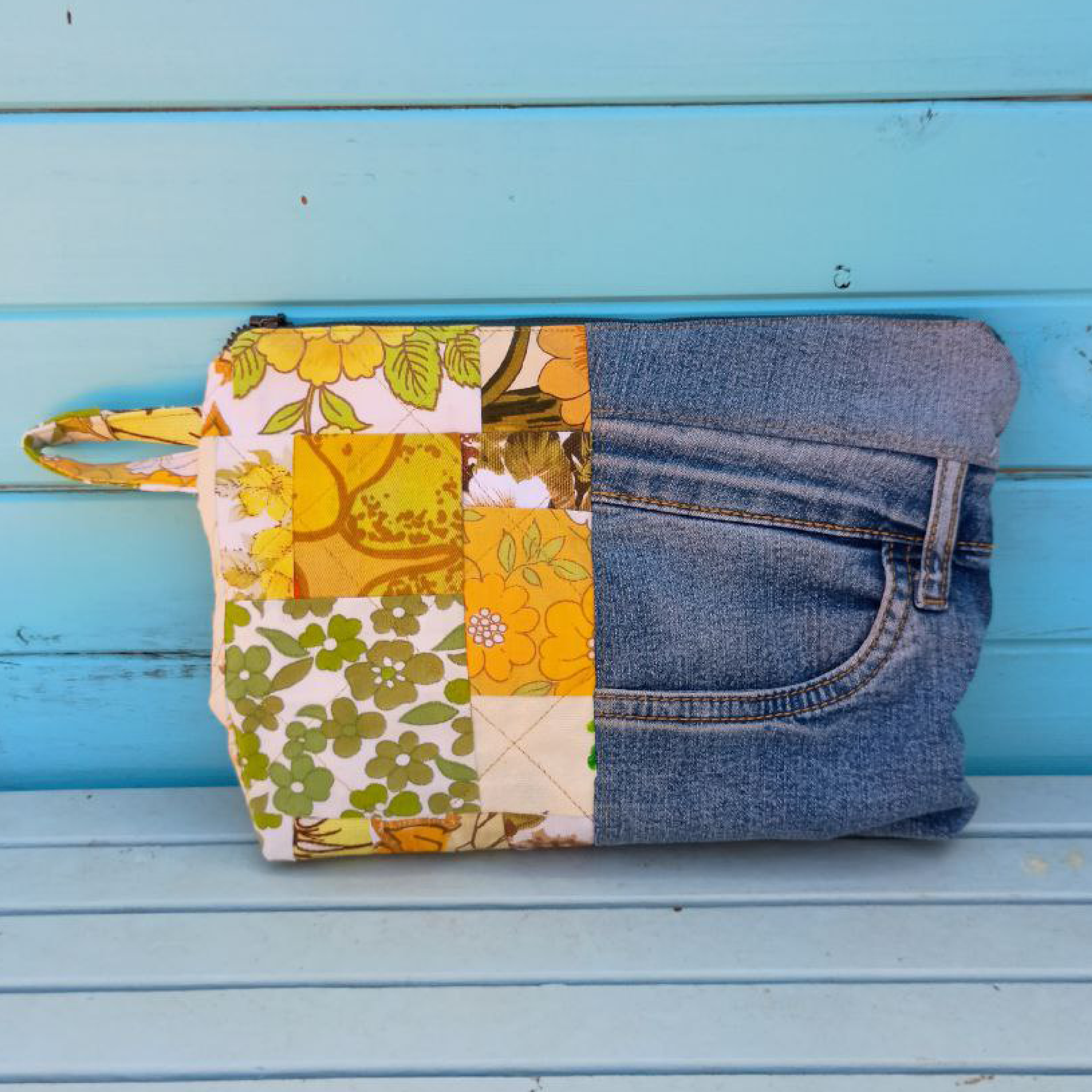 Golden Garden Pouch Cosmetic Everyday Bag Upcycled Vintage Fabrics & Denim