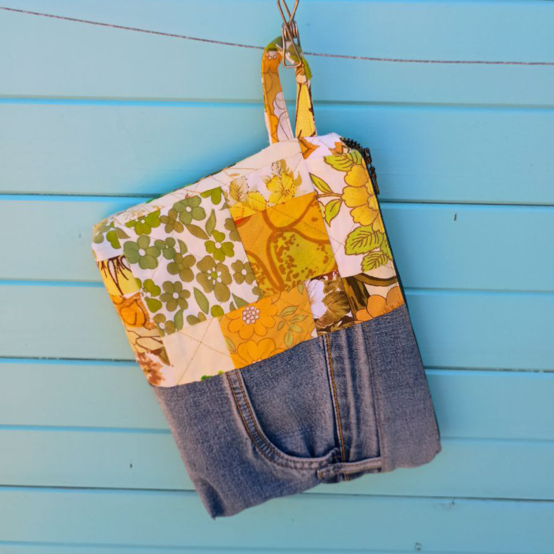 Golden Garden Pouch Cosmetic Everyday Bag Upcycled Vintage Fabrics & Denim