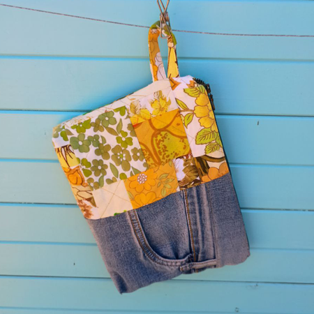 Golden Garden Pouch Cosmetic Everyday Bag Upcycled Vintage Fabrics & Denim