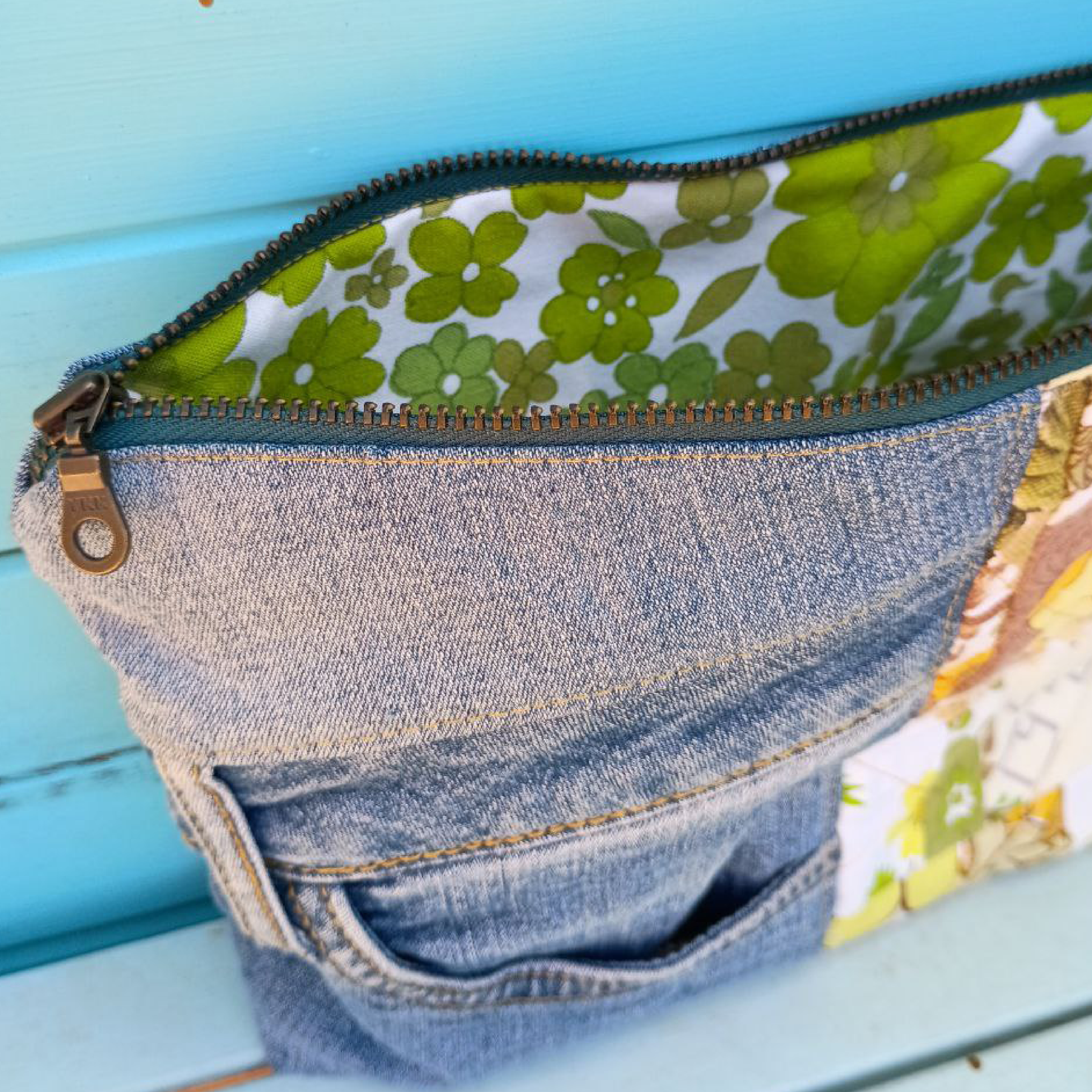 Golden Garden Pouch Cosmetic Everyday Bag Upcycled Vintage Fabrics & Denim