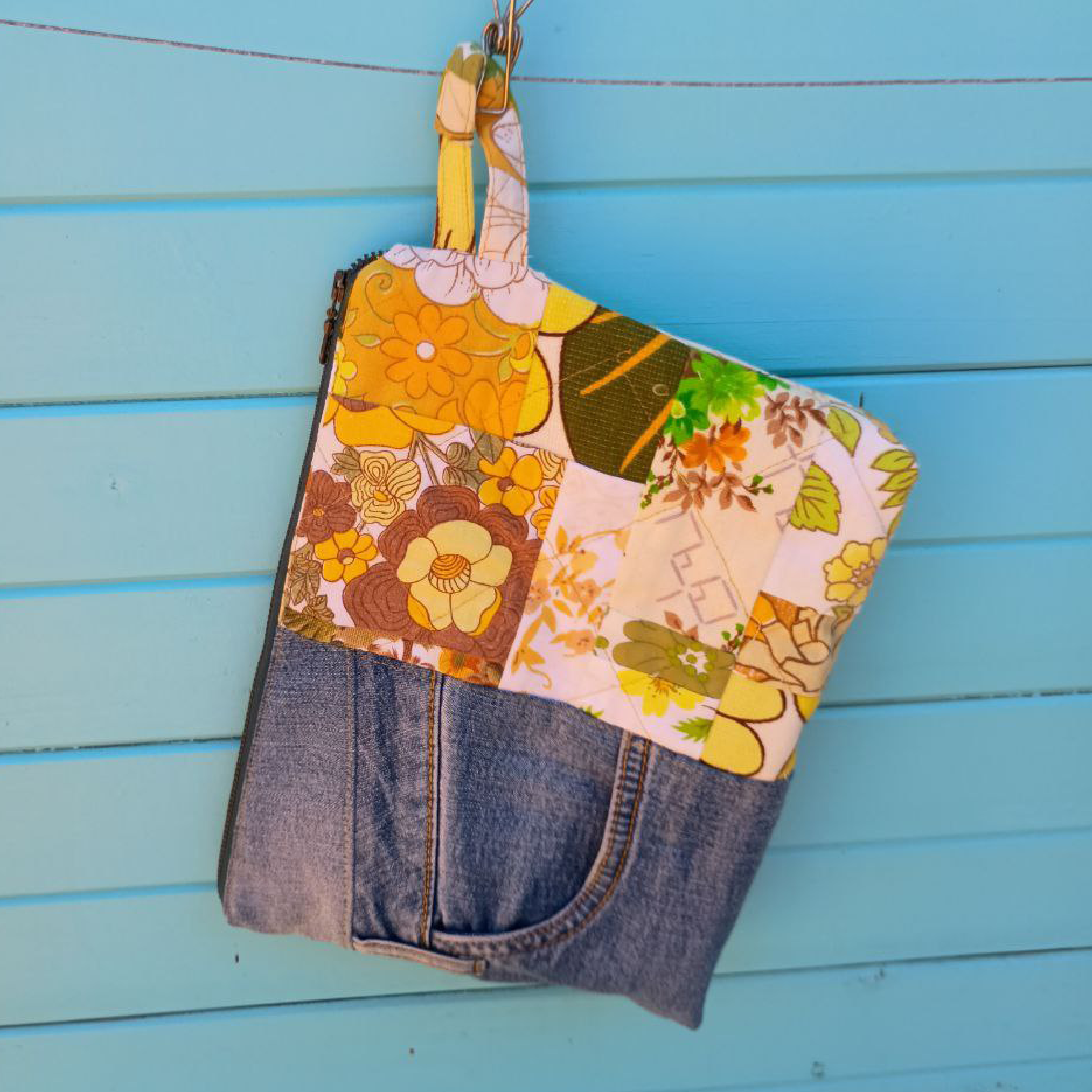Golden Garden Pouch Cosmetic Everyday Bag Upcycled Vintage Fabrics & Denim