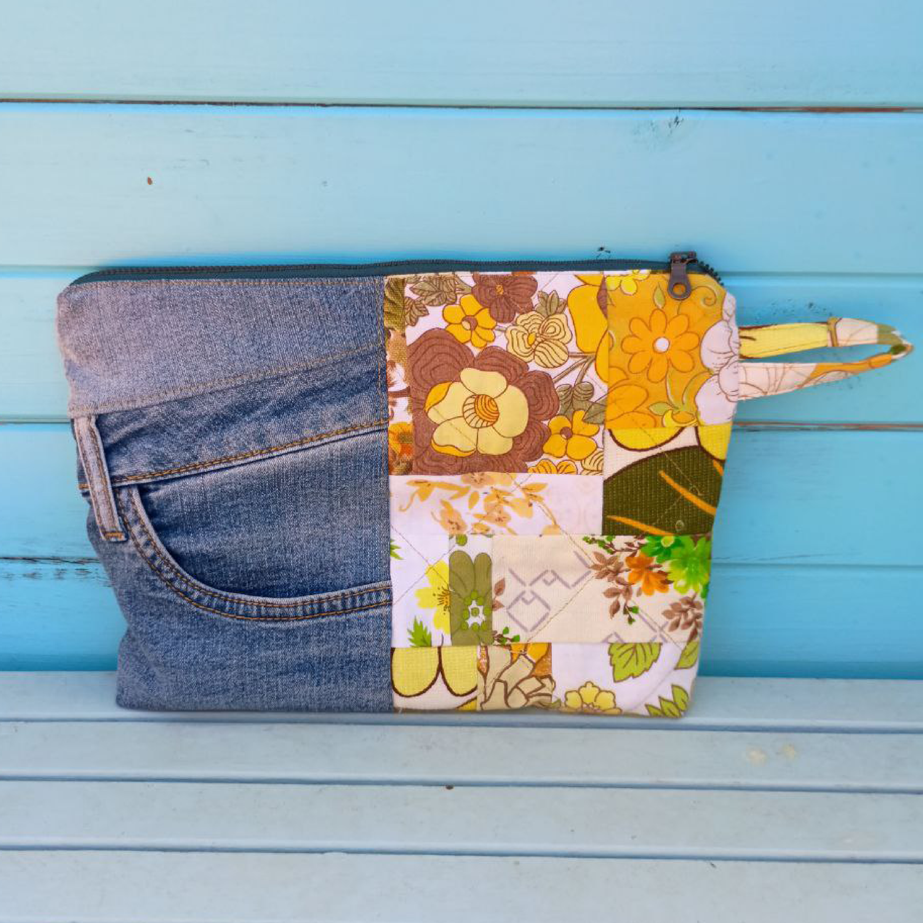 Golden Garden Pouch Cosmetic Everyday Bag Upcycled Vintage Fabrics & Denim