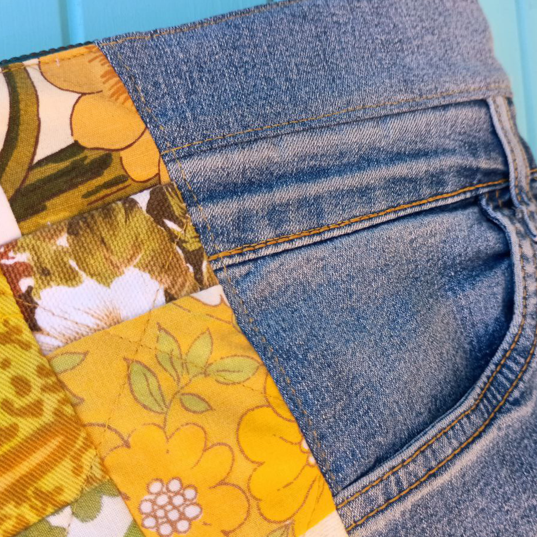 Golden Garden Pouch Cosmetic Everyday Bag Upcycled Vintage Fabrics & Denim