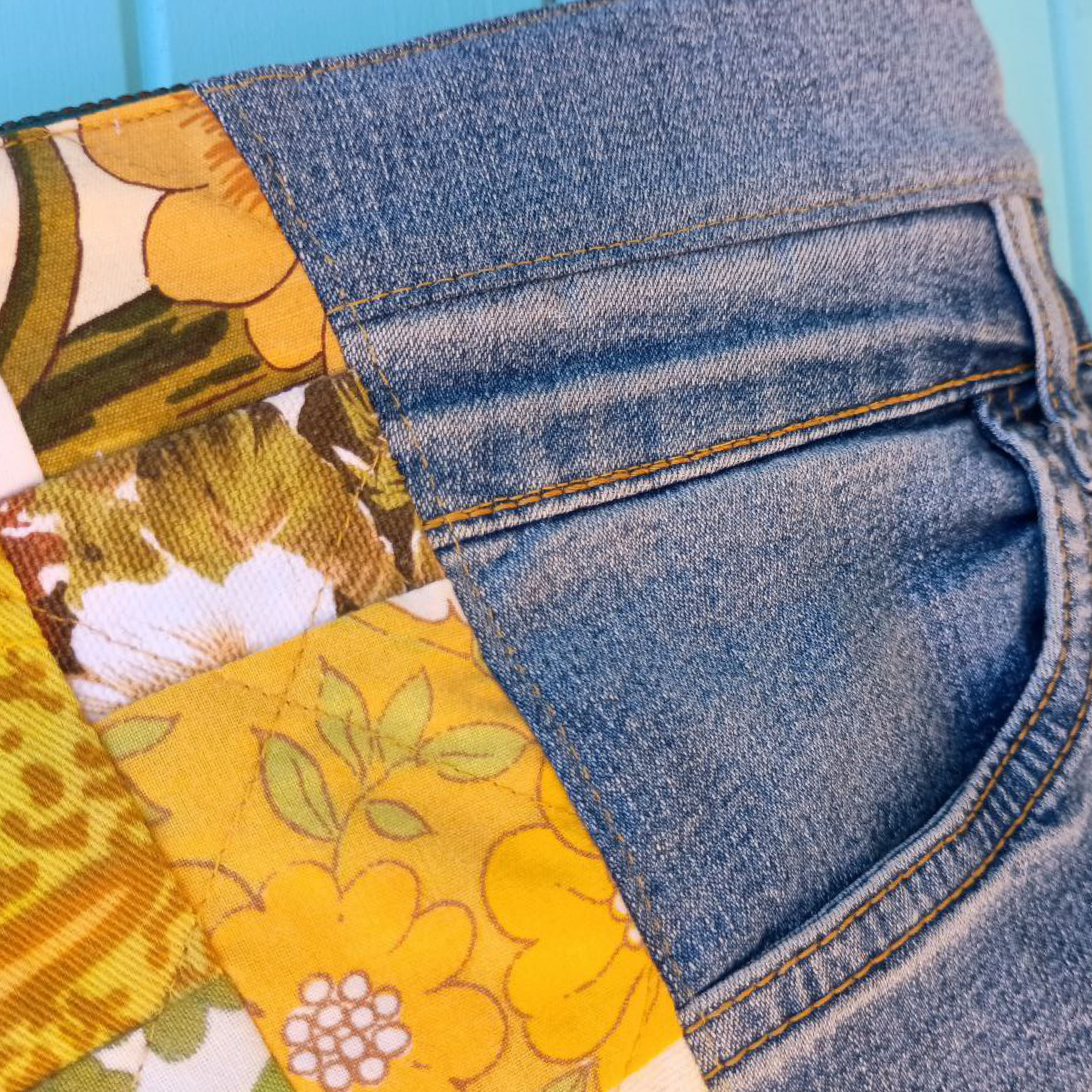 Golden Garden Pouch Cosmetic Everyday Bag Upcycled Vintage Fabrics & Denim