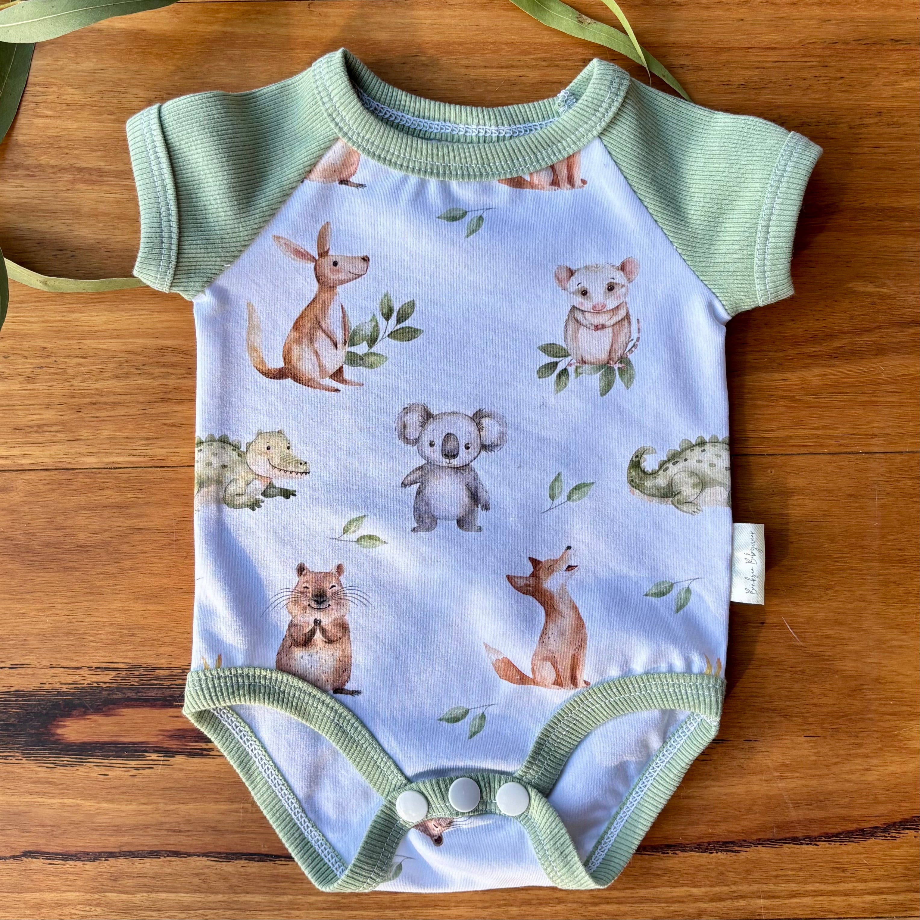 Baby Short Sleeved Bodysuit and Shorties | Green Aussie Animals | Size premmie to 2 | Made to order