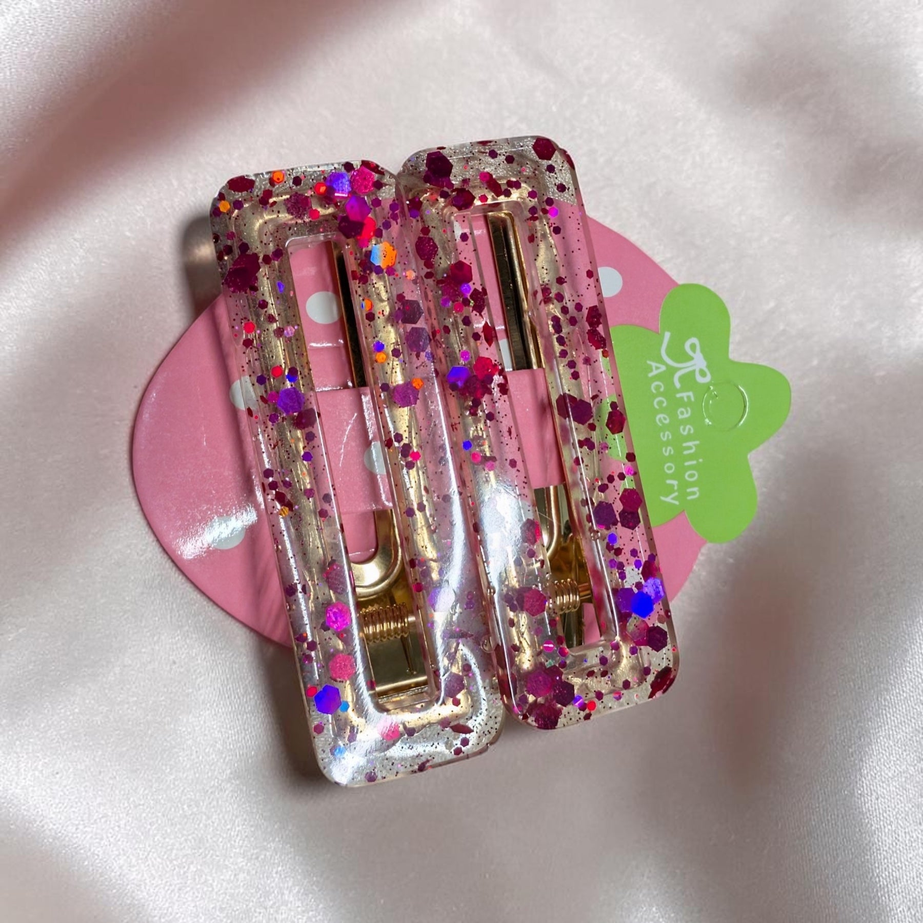 Handmade Pink Glitter Resin Hair Clips Set | Sparkly Gold Alligator Barrettes | Cute Kawaii Hair Accessories for Girls, Teens, & Women