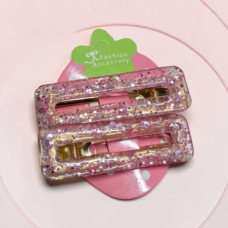 Handmade Pink Glitter Resin Hair Clips Set | Sparkly Gold Alligator Barrettes | Cute Kawaii Hair Accessories for Girls, Teens, & Women