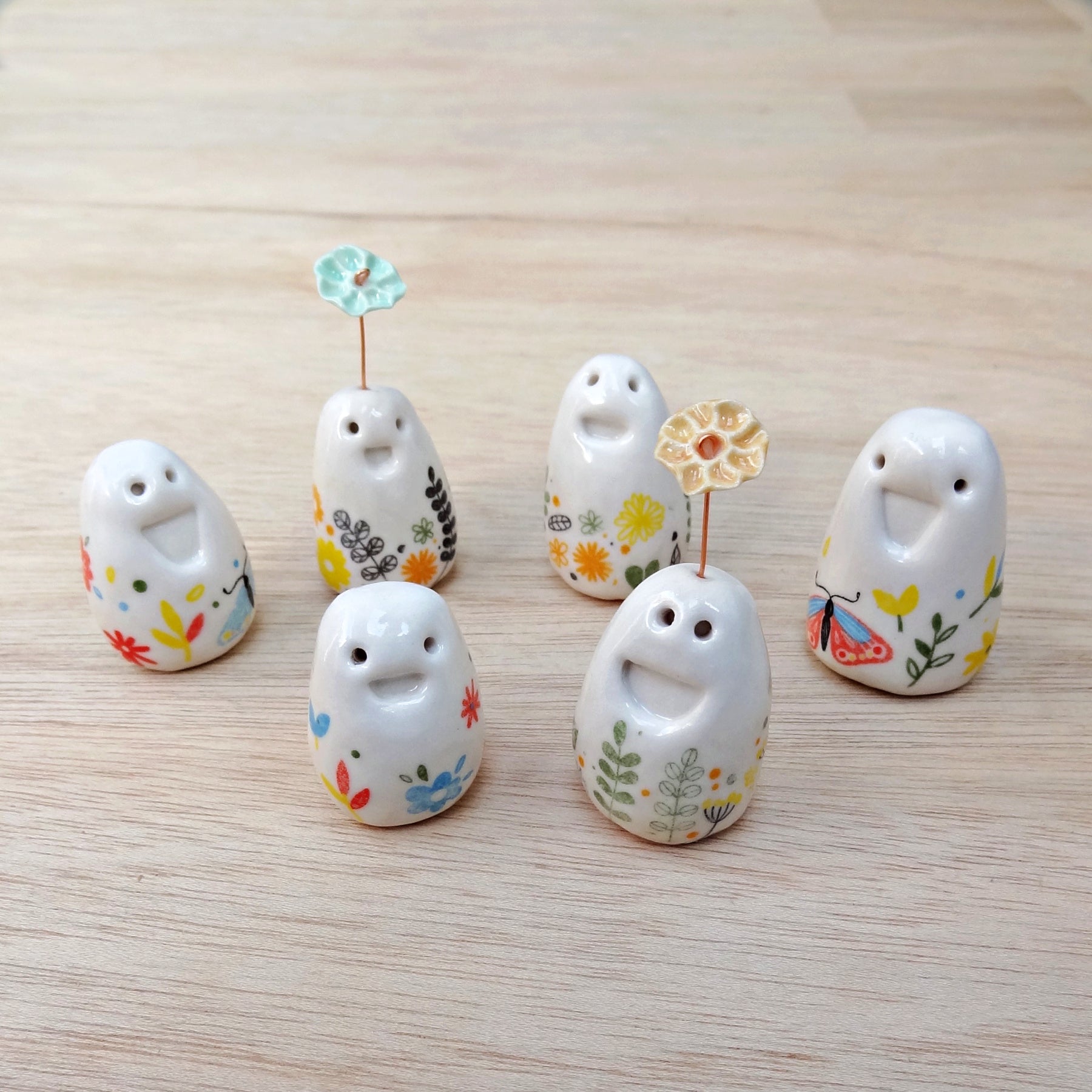 Set of 2 miniature ceramic pebble pets. Collectable tiny ceramic pottery stone friends. Handmade Whimsical Shelf or desk decor
