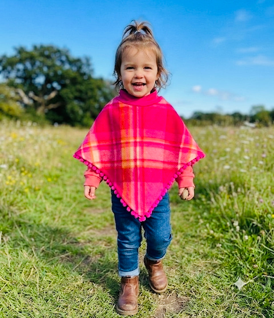 Upcycled Hot Pink and Orange Wool Blanket Poncho Size 3