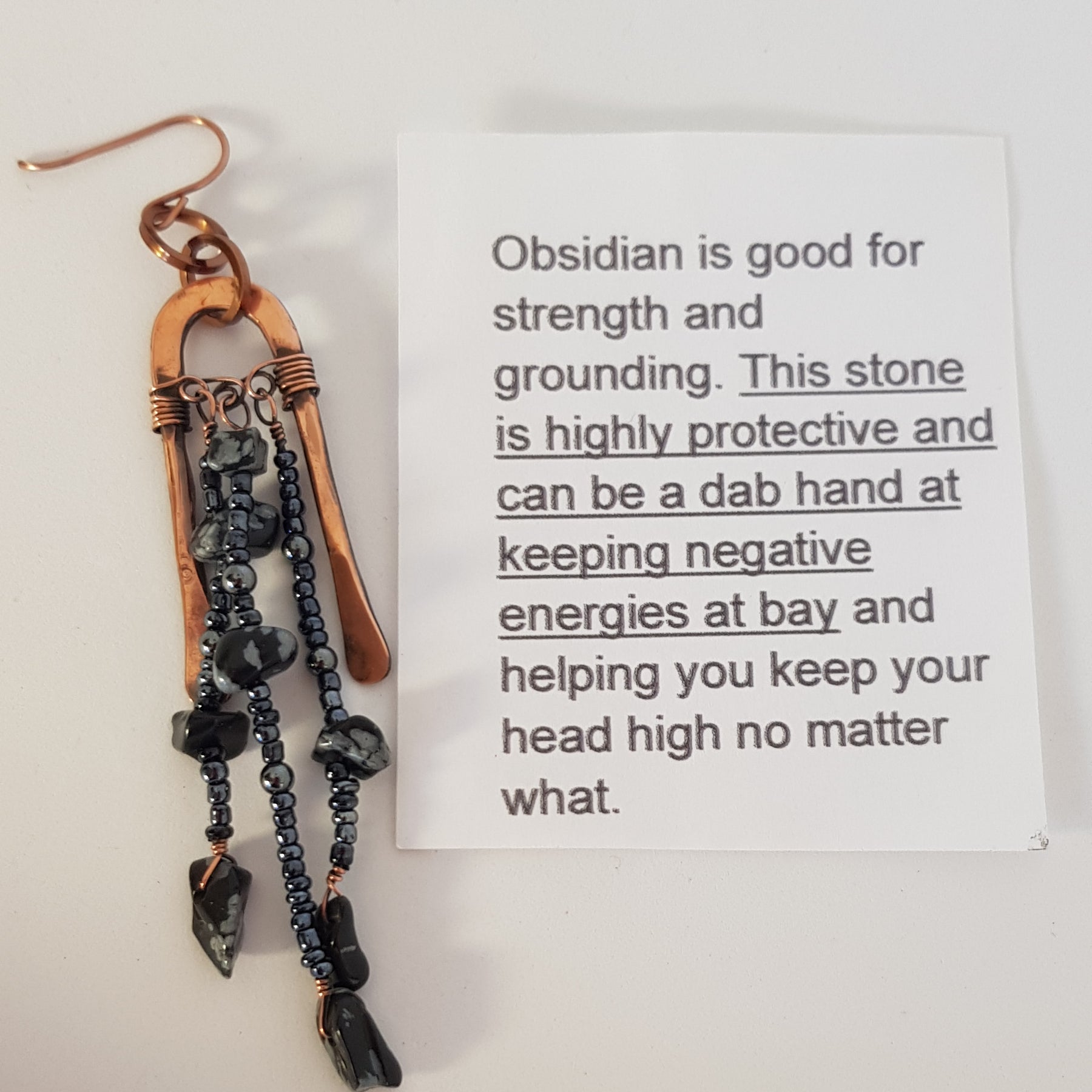 Copper long arched earring with obsidian #670AM/E