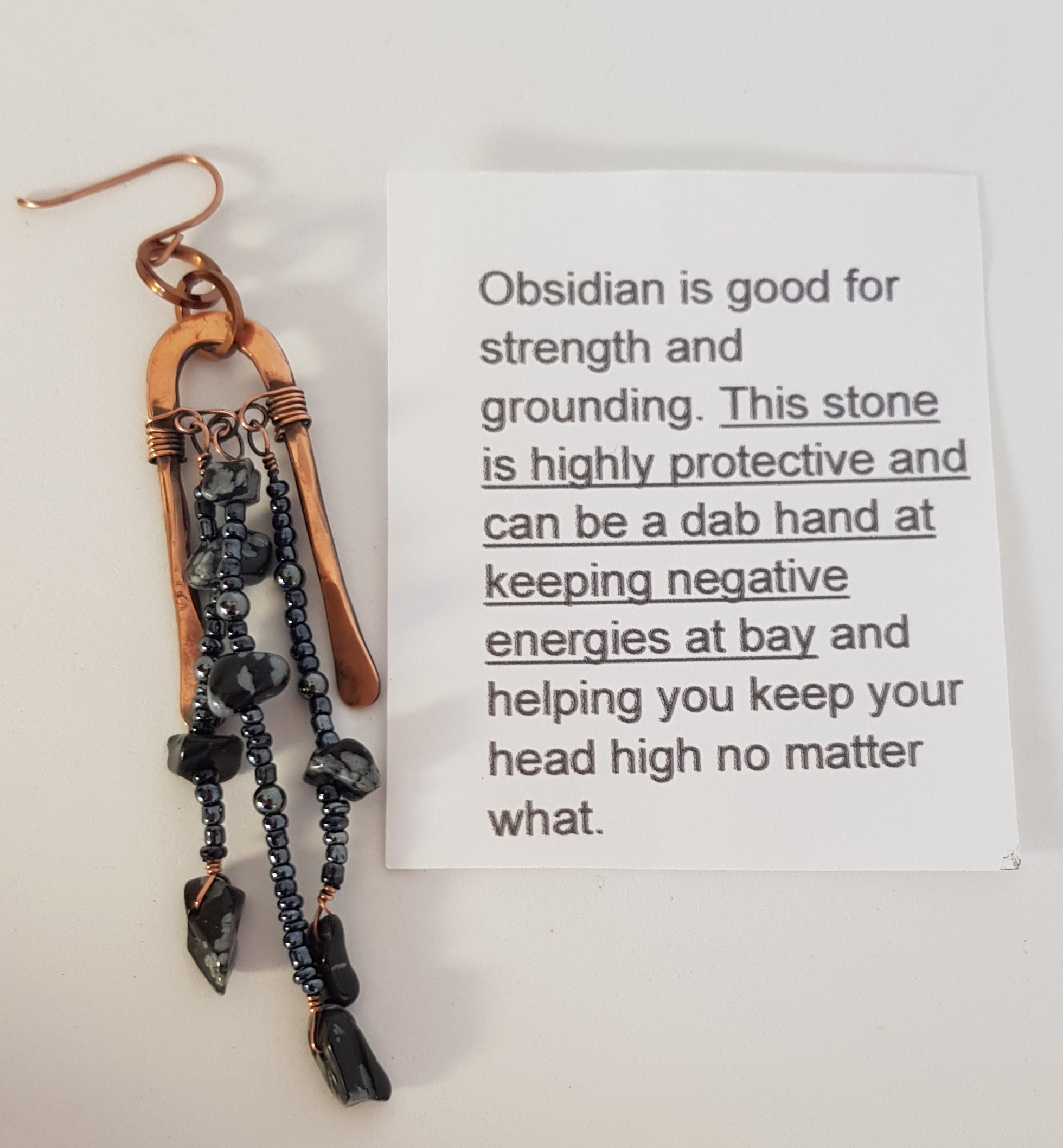 Copper long arched earring with obsidian #670AM/E