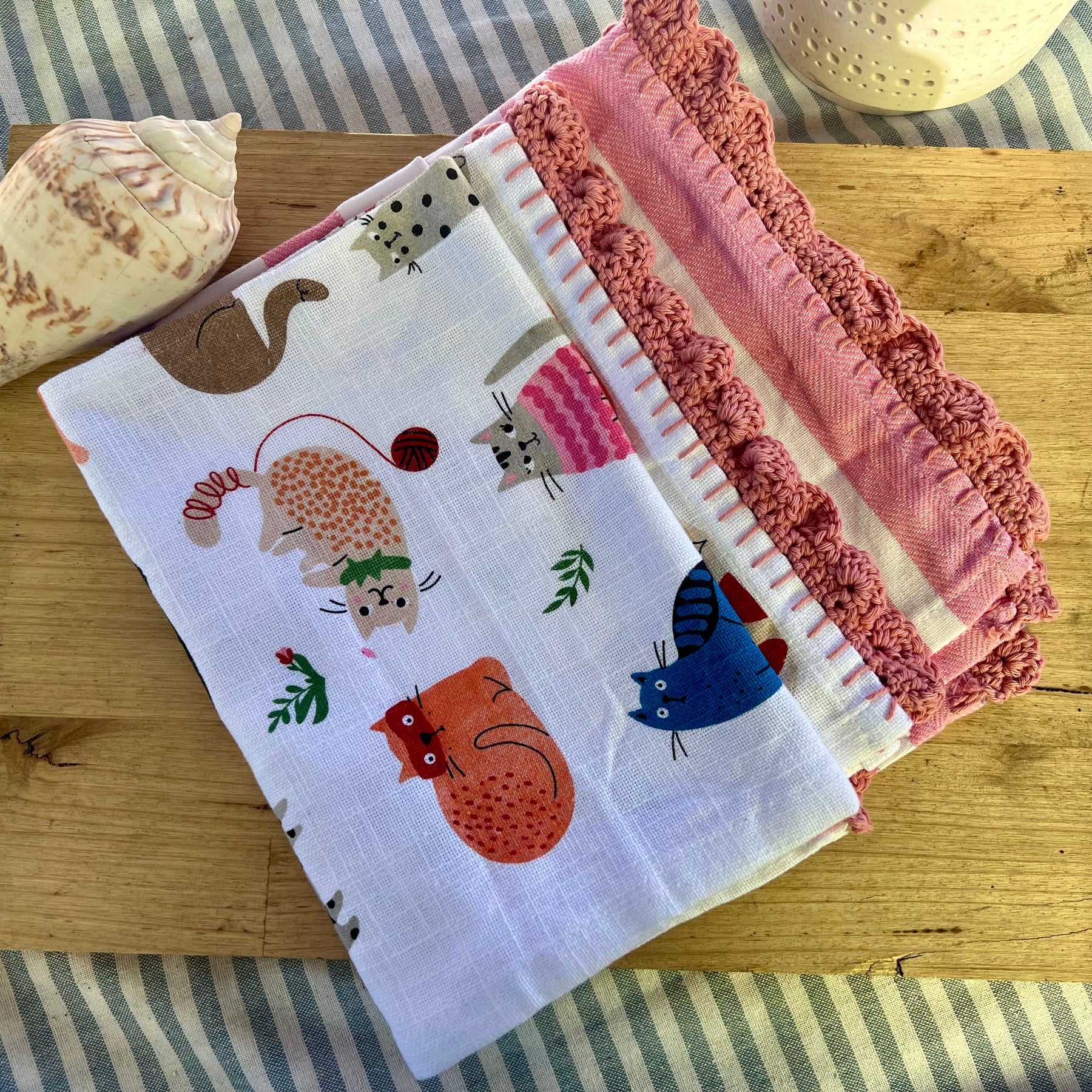 Cotton Tea Towel Set of 2 – Crochet Edge Kitchen Towels