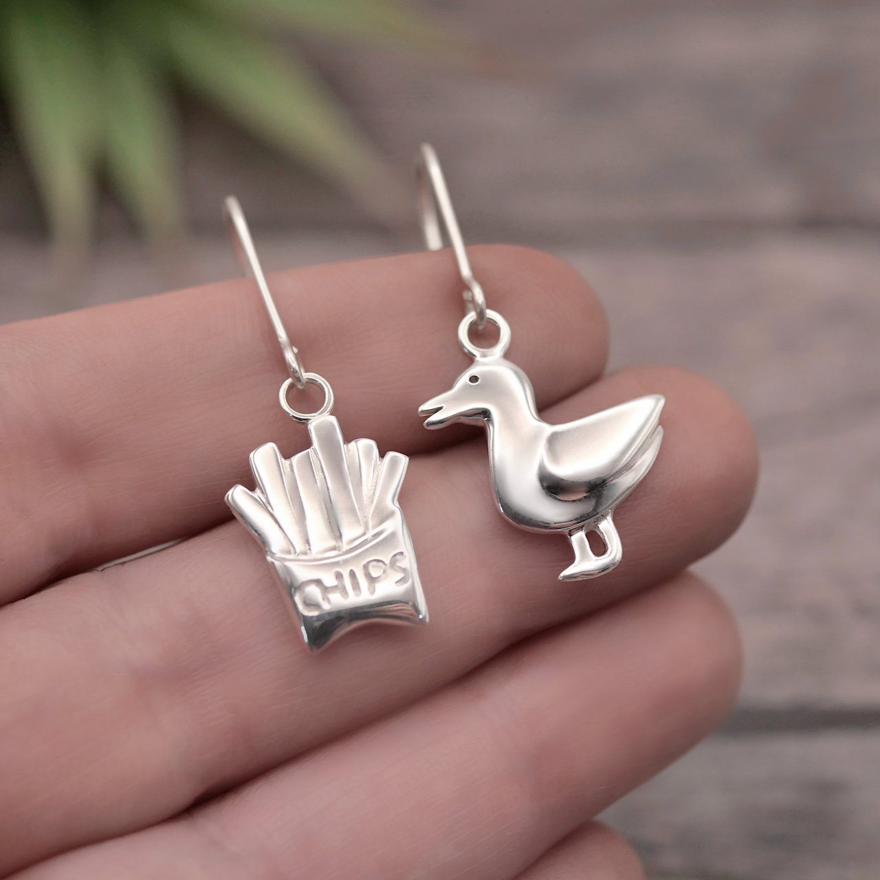 Seagull & Chips Earrings - Handmade Sterling Silver Mismatched Earrings