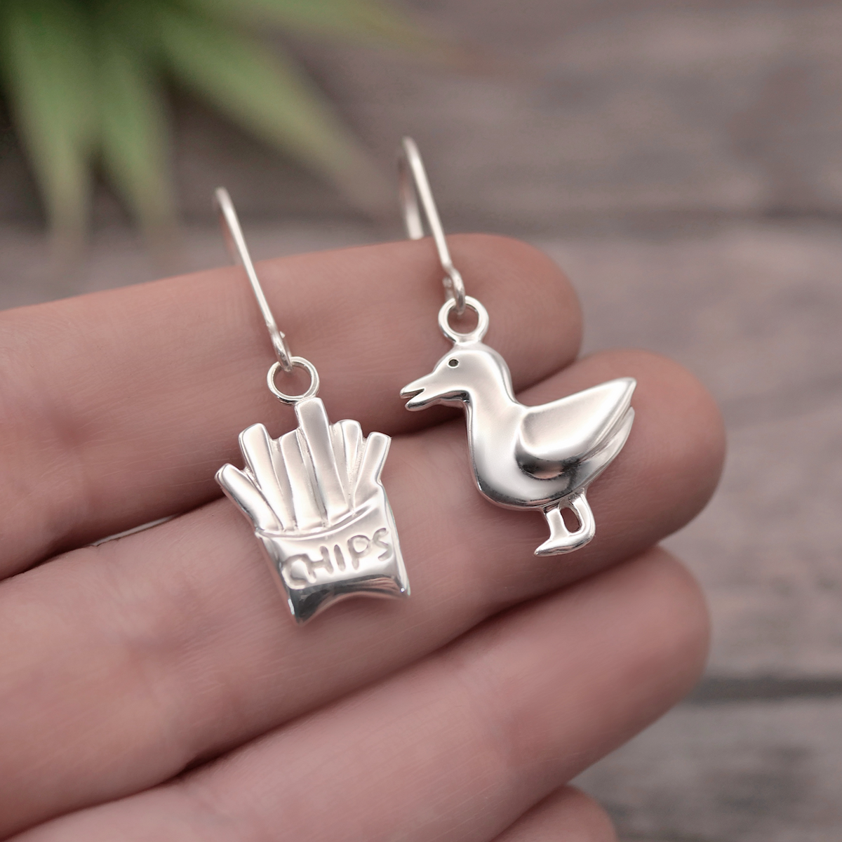 Seagull & Chips Earrings - Handmade Sterling Silver Mismatched Earrings
