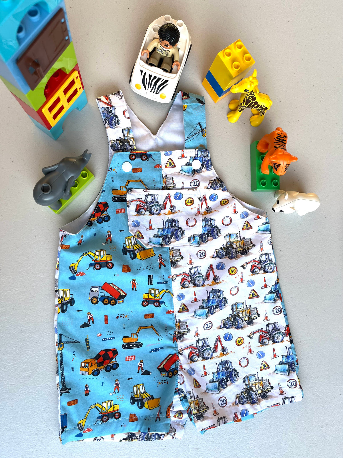 baby overalls/shorts | construction trucks