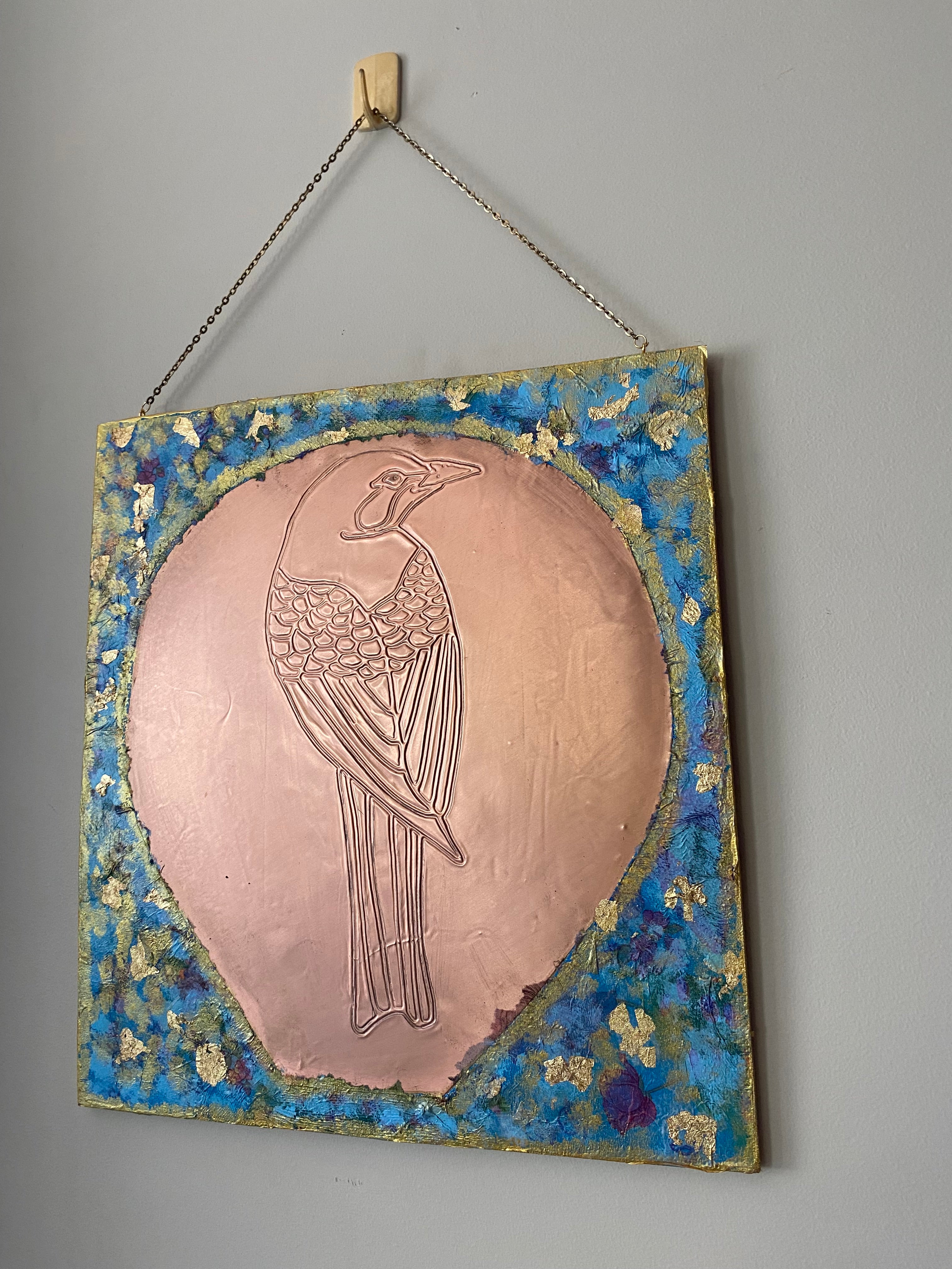 Hand drawn, embossed copper, bird wall art .