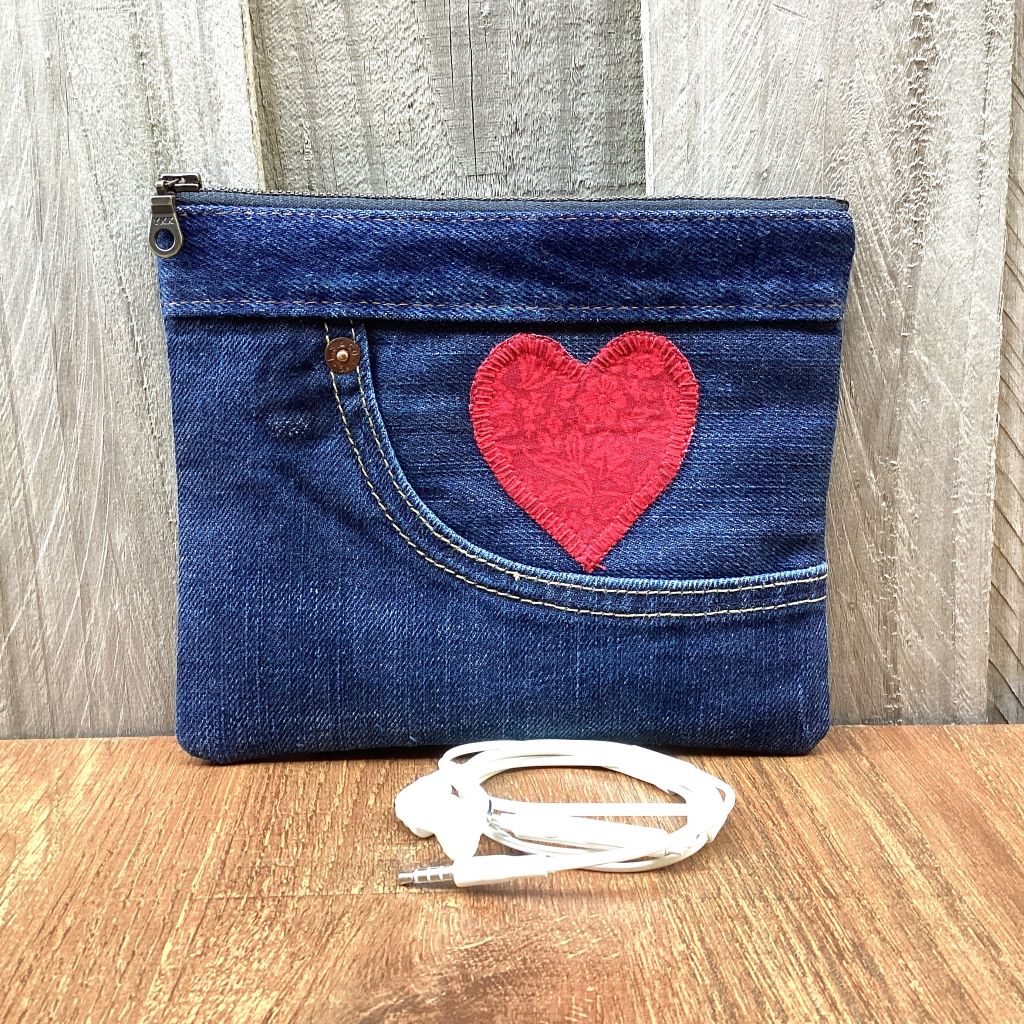 Handmade Upcycled Denim Purse – Red Heart