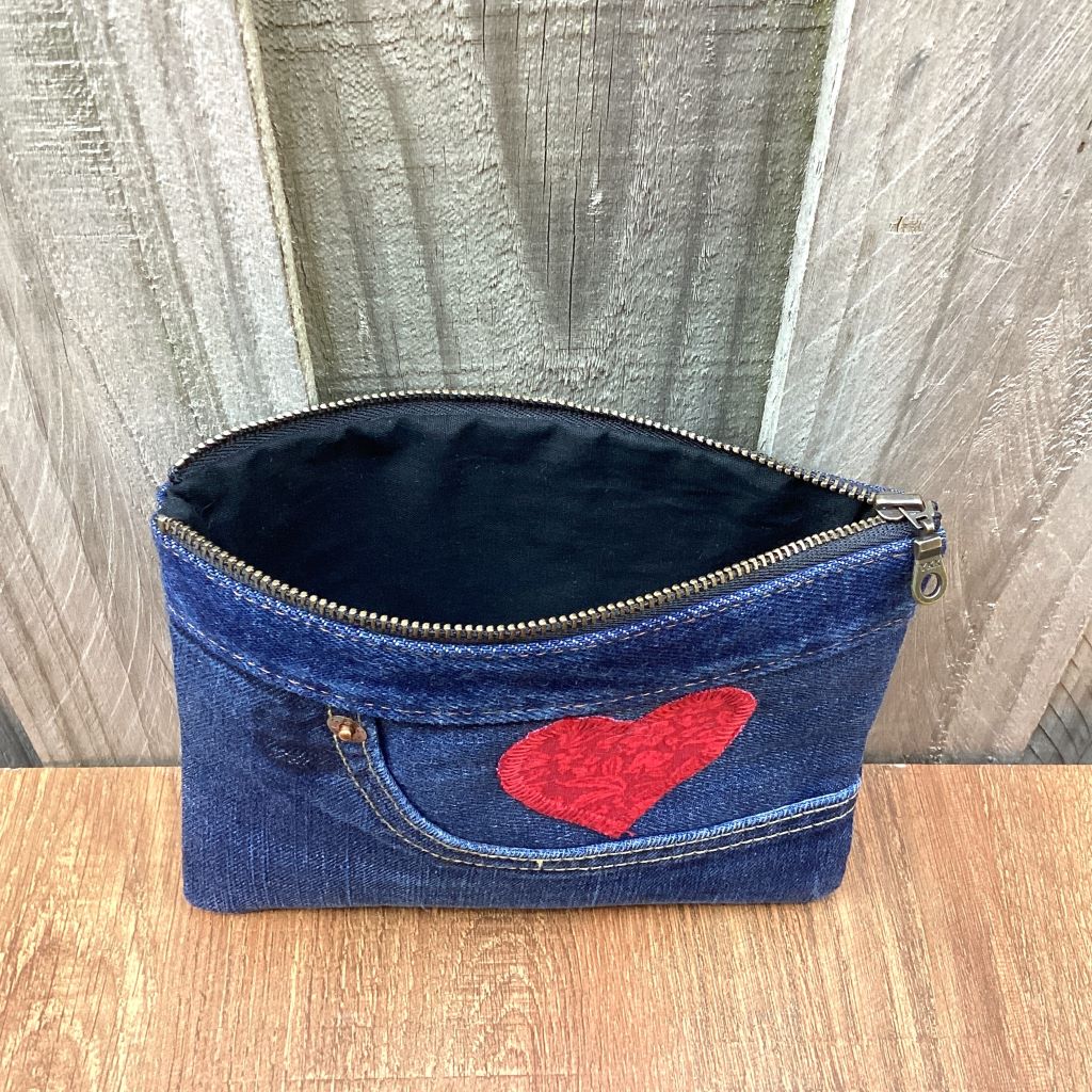 Handmade Upcycled Denim Purse – Red Heart