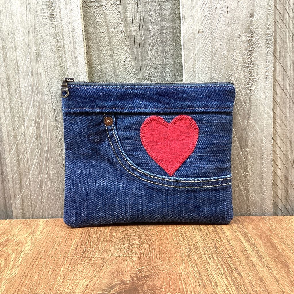 Handmade Upcycled Denim Purse – Red Heart