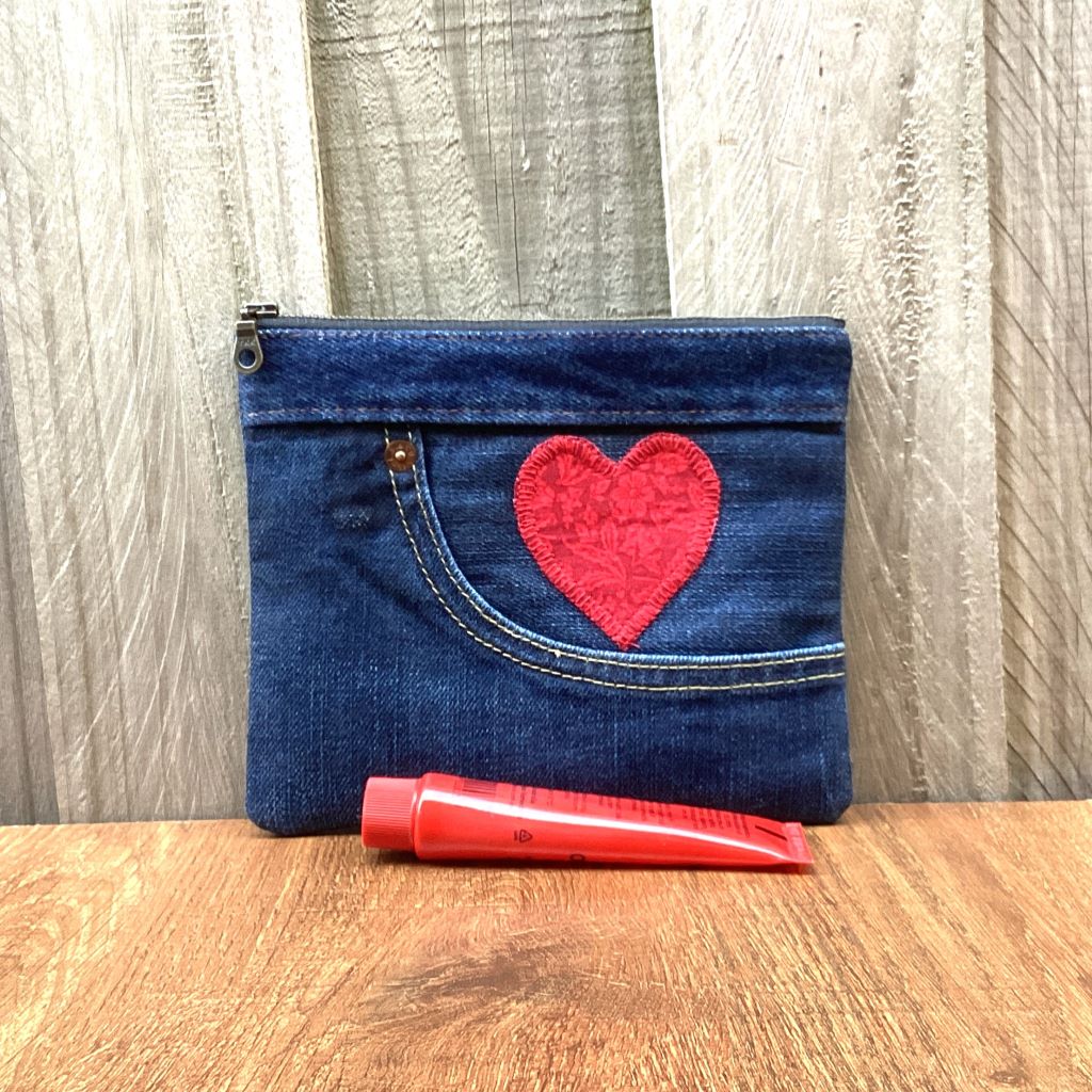 Handmade Upcycled Denim Purse – Red Heart