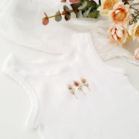Newborn Cotton Baby Singlet, Hand Embroidered Rosebuds, Baby Girl Gift