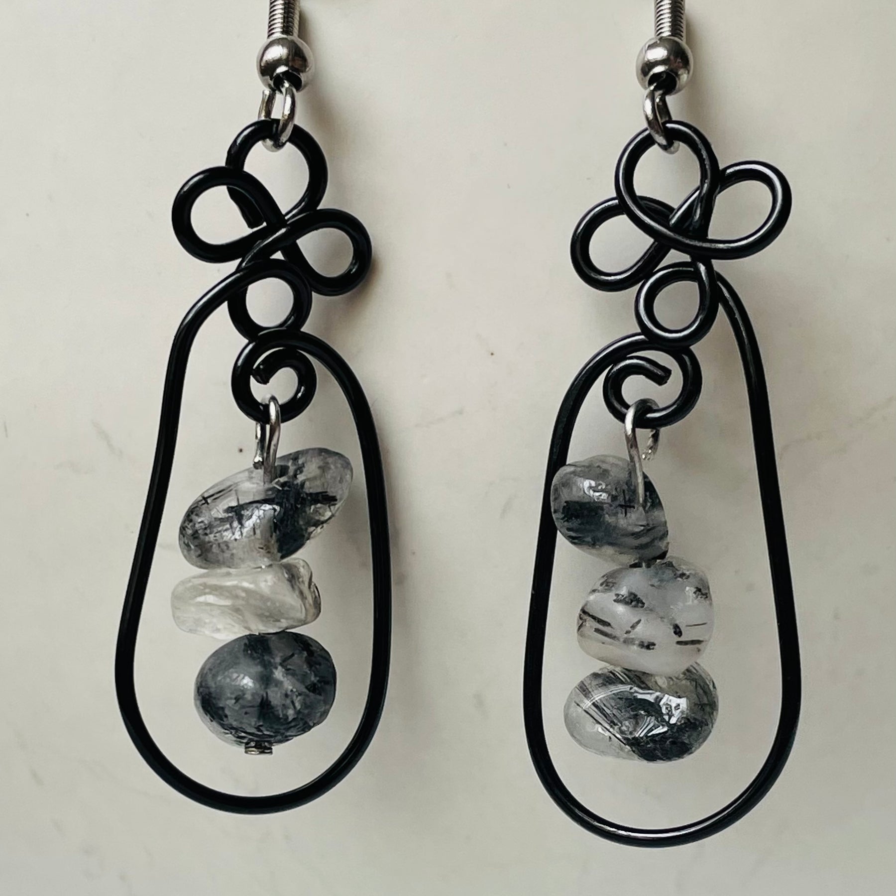 Marble Gemstone- Tourmaline Quartz with Wire Earrings